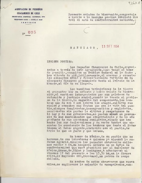 [Carta] 1954 sept. 11, Santiago, [Chile] [a] Gabriela Mistral, [Santiago], [Chile]  [manuscrito] Arturo Calvo Garrido, Alberto Arancibia S.