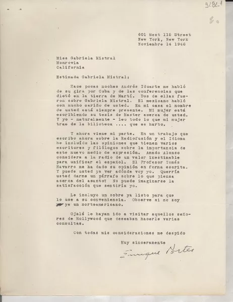 [Carta] 1946 nov. 14, Nueva York, [Estados Unidos] [a] Gabriela Mistral, Monrovia, California  [manuscrito] Enrique Portes.
