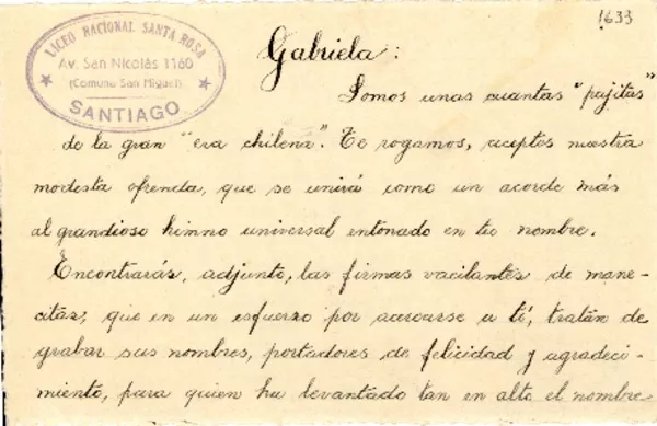 [Tarjeta] 1945 nov. 27, Santiago, [Chile] [a] Gabriela [Mistral]  [manuscrito] Carolina Salinas de Pérez Reinoso ... [et al.].