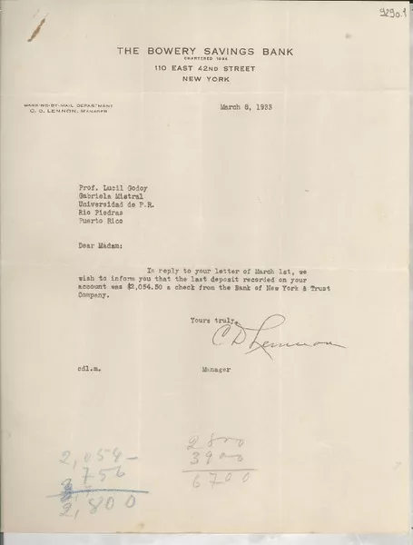 [Carta] 1933 Mar. 8, New York, [Estados Unidos] [a] Gabriela Mistral, Río Piedras, Puerto Rico  [manuscrito] C. D. Lennon.