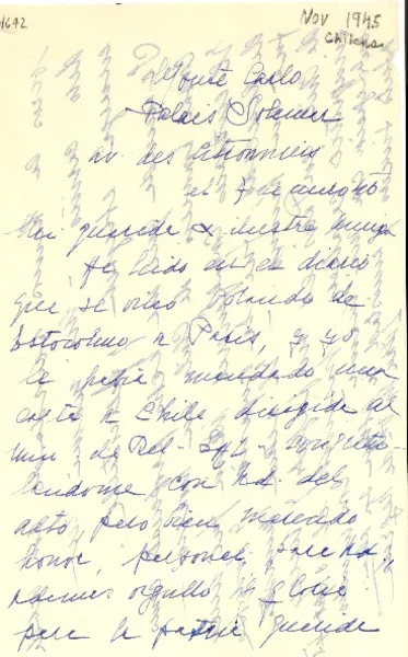 [Carta] [1945 dic.], Montecarlo, [Mónaco] [a] Gabriela Mistral  [manuscrito] Esther M. vda. de Negrete