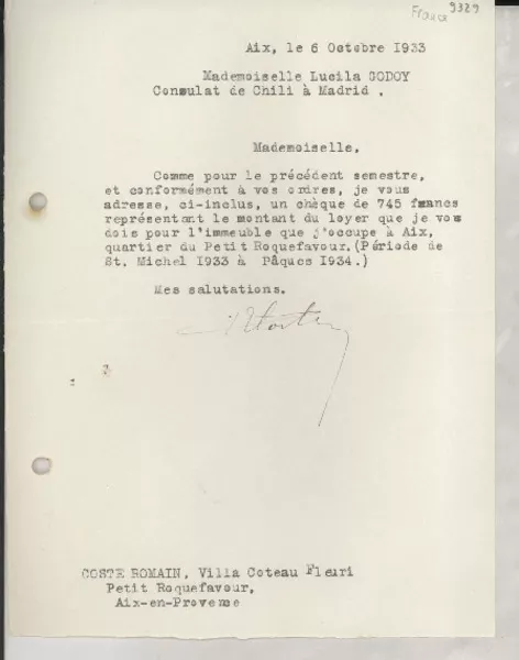 [Carta] 1933 oct. 6, Aix, [Francia] [a] Lucila Godoy, Madrid, [España]  [manuscrito] De un arrendatario.