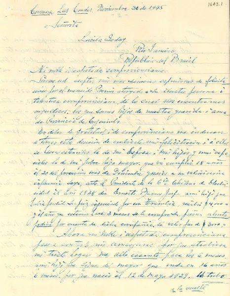 [Carta] 1945 nov. 30, Las Condes, [Chile] [a] Lucila Godoy, Río de Janeiro, Brasil  [manuscrito] René Espinosa A.