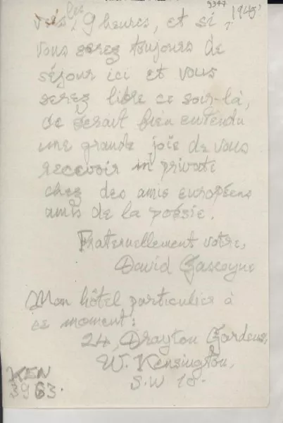 [Carta] [1945?], Kensington, [Inglaterra] [a] [Gabriela Mistral]  [manuscrito] David Gascogne.