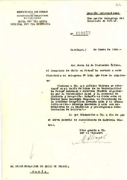 [Carta] 1946 ene. 7, Santiago, [Chile] [al] Embajador de Chile en Francia, París, [Francia]  [manuscrito] Consulado de Chile en Potosí.