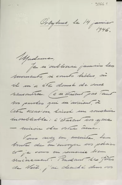 [Carta] 1946 janv. 14, Francia [a] Gabriela Mistral  [manuscrito] Menavons Poseu.