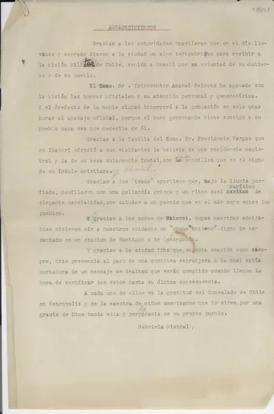 [Discurso] Agradecimientos a las autoridades brasileras  [manuscrito] Gabriela Mistral.