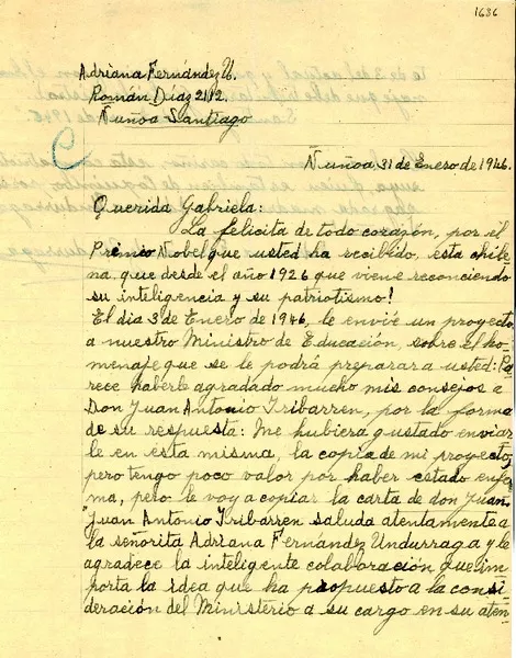 [Carta] 1946 ene. 31 Santiago de Chile [a] Gabriela Mistral  [manuscrito] Adriana Fernández Undurraga