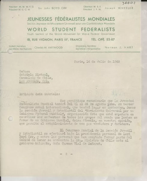 [Carta] 1949 juil. 14, Paris, [Francia] [a] Gabriela Mistral, Los Ángeles, California  [manuscrito] Norman J. Hart.