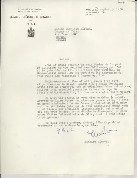 [Carta] 1952 sept. 17, Nice, [Francia] [a] Gabriela Mistral, Napoli, Italie  [manuscrito] Maurice Mignon.