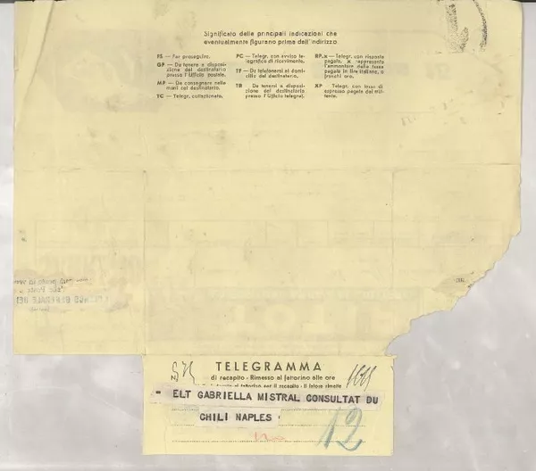 [Telegrama] 1952 févr. 22, Paris, [Francia] [a] Gabriela Mistral, Nápoles  [manuscrito] Jean Hugo.