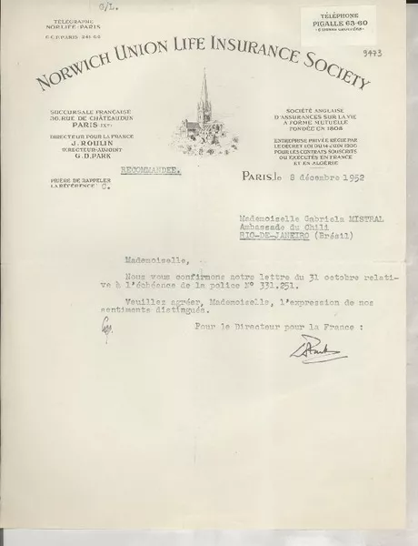 [Carta] 1952 déc. 8, Paris, [Francia] [a] Gabriela Mistral, Rio de Janeiro, Brésil  [manuscrito] G. D. Park.