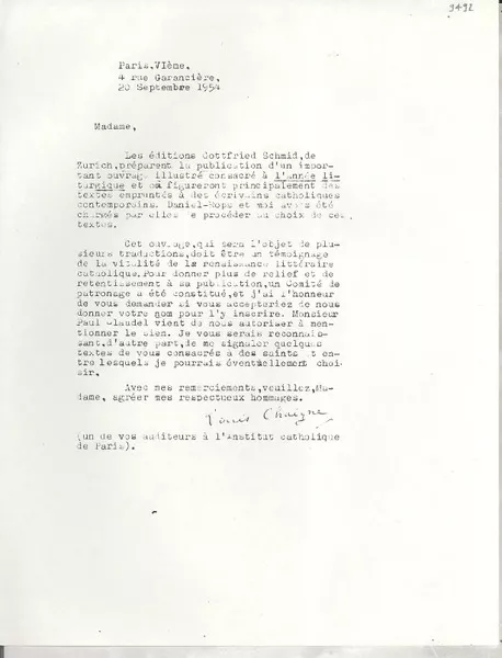 [Carta] 1954 sept. 20, Paris, [Francia] [a] [Gabriela Mistral]  [manuscrito] Louis Chaigne.