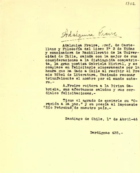 [Carta] 1946 abr. 1, Santiago, Chile [a] Gabriela Mistral  [manuscrito] Adalguisa Freire.