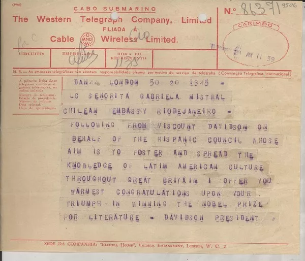 [Telegrama] 1945 Nov. 20, London [a] Gabriela Mistral, Río de Janeiro  [manuscrito] Davidson President.