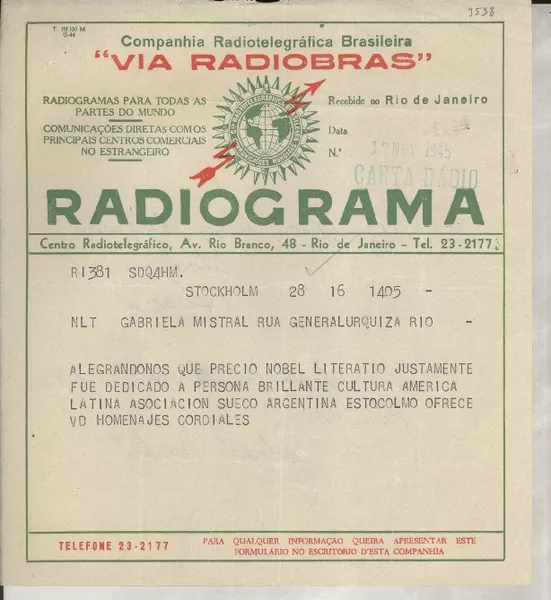 [Telegrama] 1945 nov. 17, Stockholm, [Suecia] [a] Gabriela Mistral, Rio, [Brasil]  [manuscrito] Asociación Sueco-Argentina de Estocolmo.