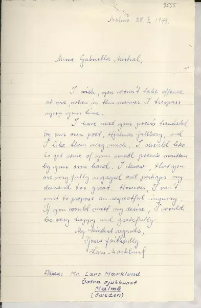 [Carta] 1949 Feb. 25, Malmõ, Sweden [a] Gabriela Mistral  [manuscrito] Lars Marklund.