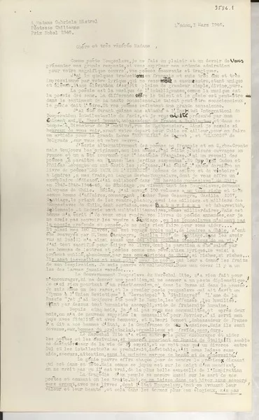 [Carta] 1946 mars 1, London, [England] [a] Gabriela Mistral, London, [England]  [manuscrito] Bogomir Dalma.