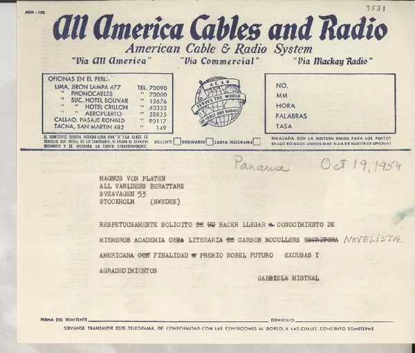 [Telegrama] 1954 oct. 19, Panamá [a] Magnus von Platen, Stockholm, Sweden  [manuscrito] Gabriela Mistral