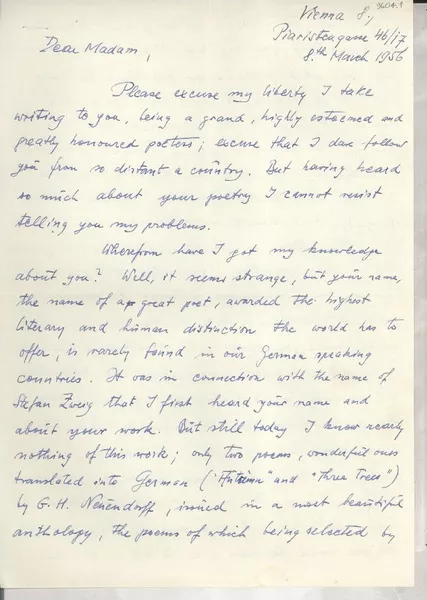 [Carta] 1956 Mar. 8, Vienna, [Austria] [a] Gabriela Mistral  [manuscrito] Erich Fitzbauer.