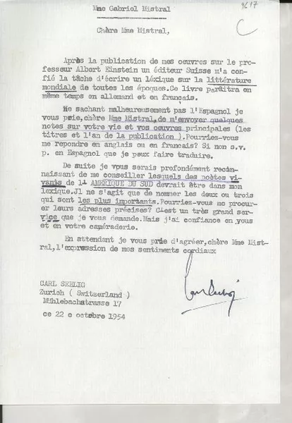 [Carta] 1954 oct. 22, Zurich, Switzerland [a] Gabriel [i.e. Gabriela] Mistral  [manuscrito] Carl Seelig.