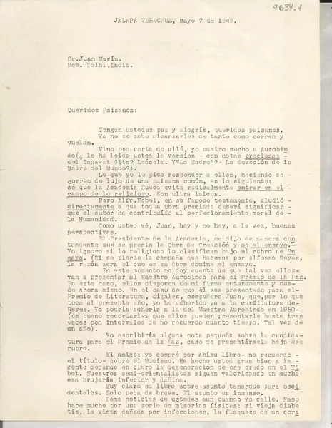 [Carta] 1949 mayo 7, Jalapa, Veracruz, [México] [a] Juan Marín, New Delhi, India  [manuscrito] Gabriela [Mistral].