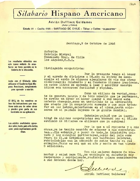 [Carta] 1946 oct. 9, Santiago, Chile [a] Gabriela Mistral, Los Angeles de California, [Estados Unidos]  [manuscrito] Adrián Dufflocq Galdames