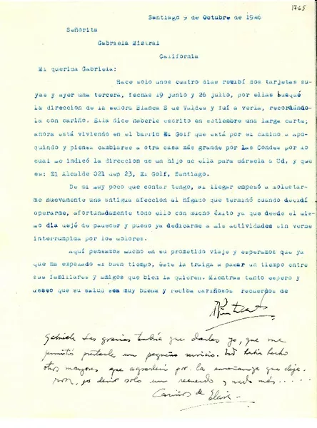 [Carta] 1946 oct. 9, Santiago, Chile [a] Gabriela Mistral, Los Angeles, California, [Estados Unidos]  [manuscrito] Elcira Pinticart.
