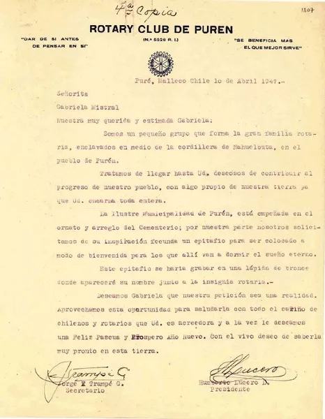 [Carta] 1947 abr. 1, Purén, Malleco, Chile [a] Gabriela Mistral, Los Ángeles, California  [manuscrito] Rotary Club de Purén.