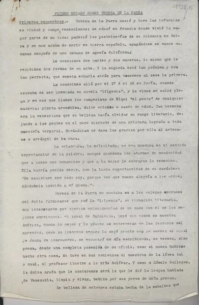 Dos recados sobre Teresa de la Parra  [manuscrito] [Gabriela Mistral].