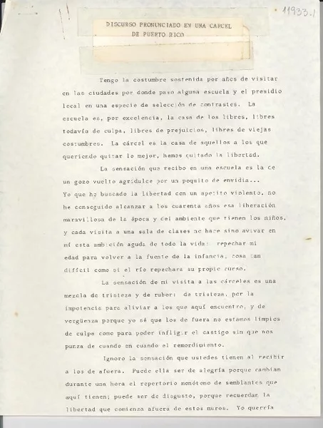 Discurso pronunciado en una cárcel de Puerto Rico  [manuscrito] [Gabriela Mistral].