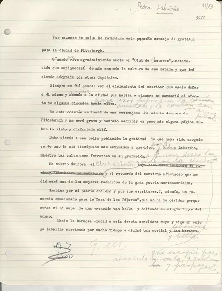 [Carta] 1953 nov. [a] Pedro Juan Labarthe  [manuscrito] Gabriela Mistral.