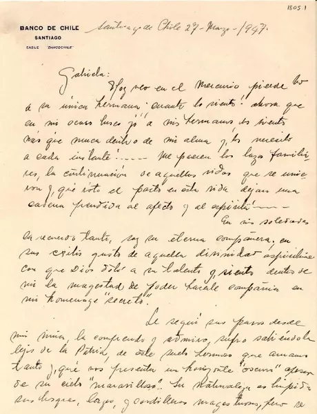 [Carta] 1947 mar. 27, Santiago de Chile [a] Gabriela Mistral  [manuscrito] Amelia Escuti Orrego.