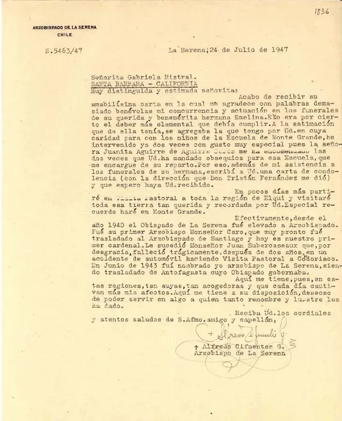 [Carta] 1947 jul. 24, La Serena, Chile [a] Gabriela Mistral, Santa Barbara, California, [EE.UU.]  [manuscrito] Alfredo Cifuentes G.