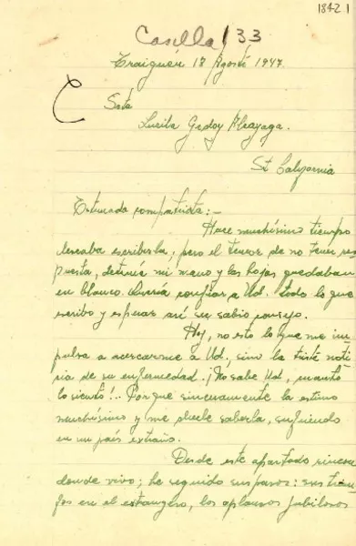 [Carta] 1947 ago. 18, Traiguén [Chile] [a] Lucila Godoy A., California  [manuscrito] Emma Geoffroy Aguayo.