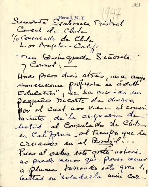 [Carta] [1947], [Nueva York?], [EE.UU.] [a] Gabriela Mistral, Los Angeles, Calif[ornia], [EE.UU.]  [manuscrito] De una admiradora.