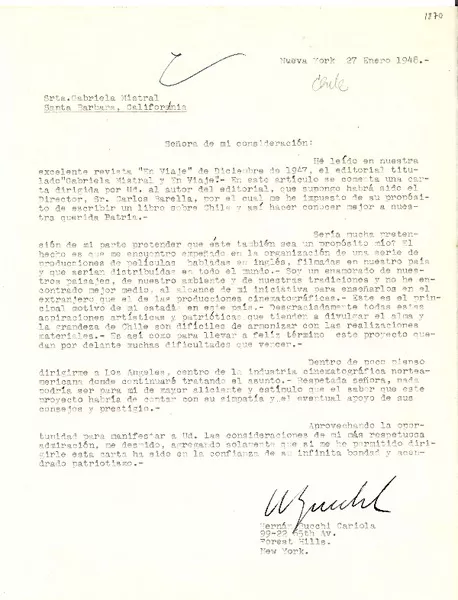 [Carta] 1948 ene. 27, Nueva York, [EE.UU.] [a] Gabriela Mistral, Santa Barbara, California, [EE.UU.]  [manuscrito] Hernán Bucchi Cariola.