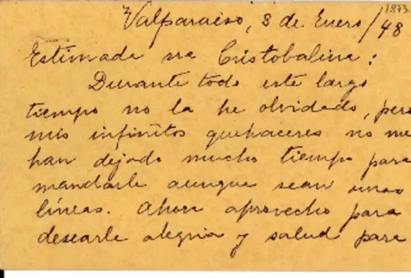 [Tarjeta] 1948 feb. 5, [La Serena], [Chile] [a] Lucila [Godoy Alcayaga]  [manuscrito] Cristobalina [Trujillo de Ramírez].