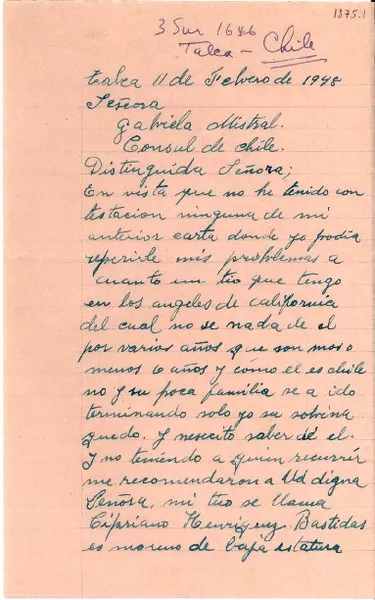 [Carta] 1948 feb. 11, Talca, Chile [a] Gabriela Mistral  [manuscrito] Inés Figueroa de Cisterna.