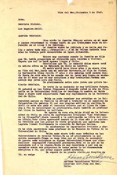 [Carta] 1947 dic. 5, Viña del Mar [a] Gabriela Mistral, Los Ángeles, California  [manuscrito] Adriana Torreblanca White.