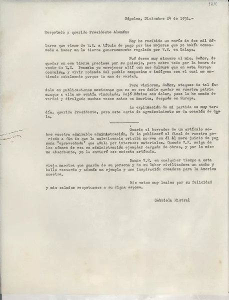 [Carta] 1951 dic. 24, Nápoles, [Italia] [al] Presidente Alemán, [México?]  [manuscrito] Gabriela Mistral.