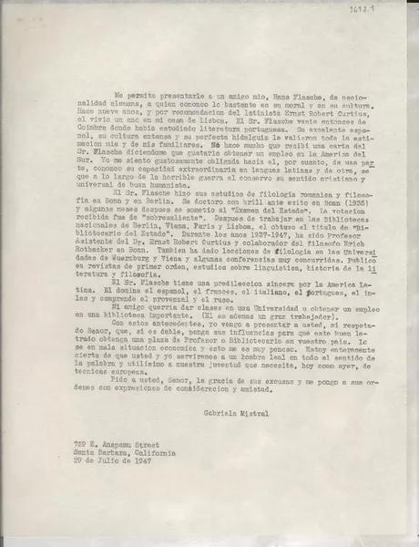 [Carta] 1947 jul. 29, Santa Barbara, California, [Estados Unidos]  [manuscrito] Gabriela Mistral.
