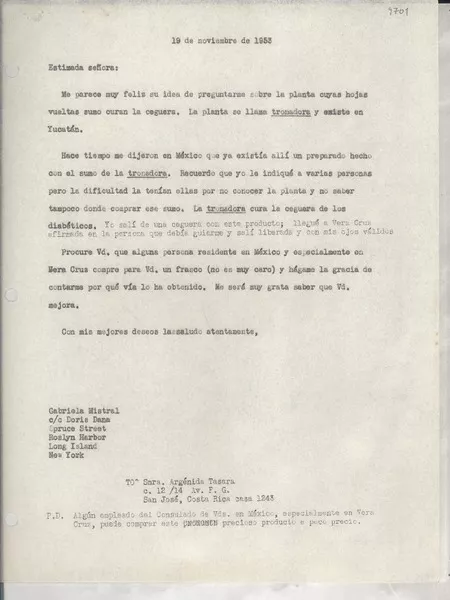 [Carta] 1953 nov. 19, Roslyn Harbor, Long Island, New York [a] Argénida Tasara, San José, Costa Rica  [manuscrito] Gabriela Mistral.