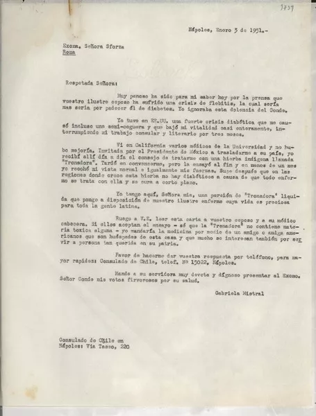 [Carta] 1951 ene. 3, Nápoles, [Italia] [a la] Sra. Sforza, Roma, [Italia]  [manuscrito] Gabriela Mistral.