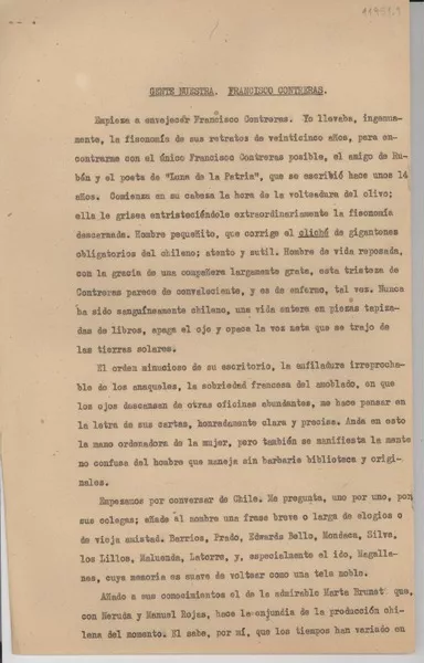 Gente nuestra : Francisco Contreras [manuscrito] Gabriela Mistral.