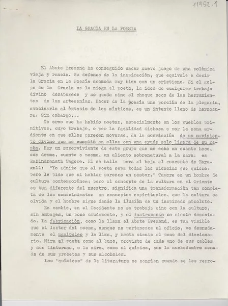 La gracia en la poesía  [manuscrito] [Gabriela Mistral].