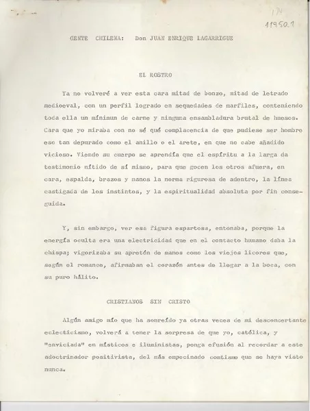 Gente chilena Don Juan Enrique Lagarrigue [manuscrito] : Gabriela Mistral.