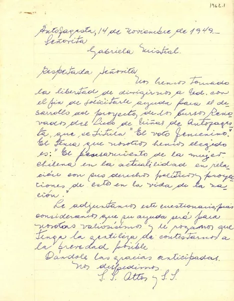 [Carta] 1949 nov. 12, Antofagasta [a] Gabriela Mistral  [manuscrito]