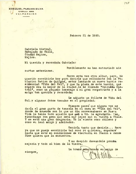 [Carta] 1950 feb. 21, [Valparaíso] [a] Gabriela Mistral, Ciudad de México  [manuscrito] Exequiel Puelma Silva.