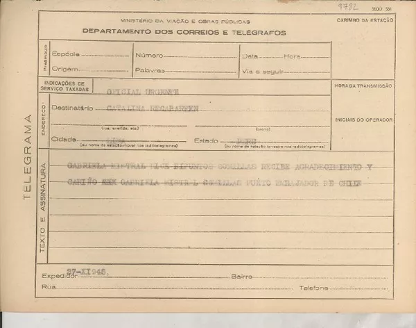 [Telegrama] 1945 nov. 27, [Brasil] [a] Catalina Recabarren [i.e. Recavarren], Lima, Perú  [manuscrito] Gabriela Mistral.